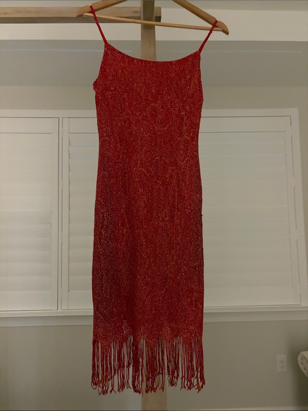 Red Sparkle Fringe Midi Slip Dress